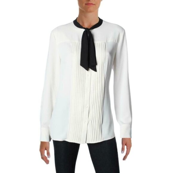 Anne Klein Cream Pleated Black Tie Neck Long Sleeve Button Down 4 - Picture 1 of 6